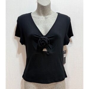 Bebe Rosette Ribbed Top Women Large Black Short Sleeve V-Neck Cutout Front Goth
